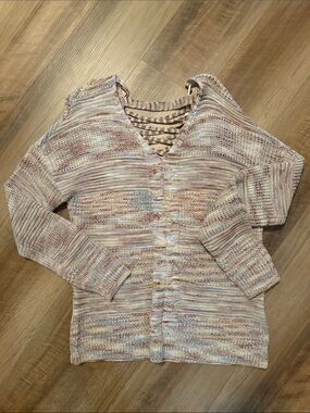 American Rag Cream and Blush Multi-Stripe V-Neck Sweater with Lattice Back